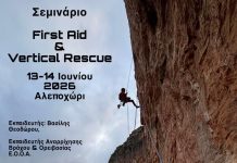 Αφίσα του σεμιναρίου “First Aid & Vertical Rescue” με αναρριχητή σε κάθετο βράχο και πληροφορίες για το διήμερο 13–14 Ιουνίου 2026 στο Αλεποχώρι Ερυμάνθου.